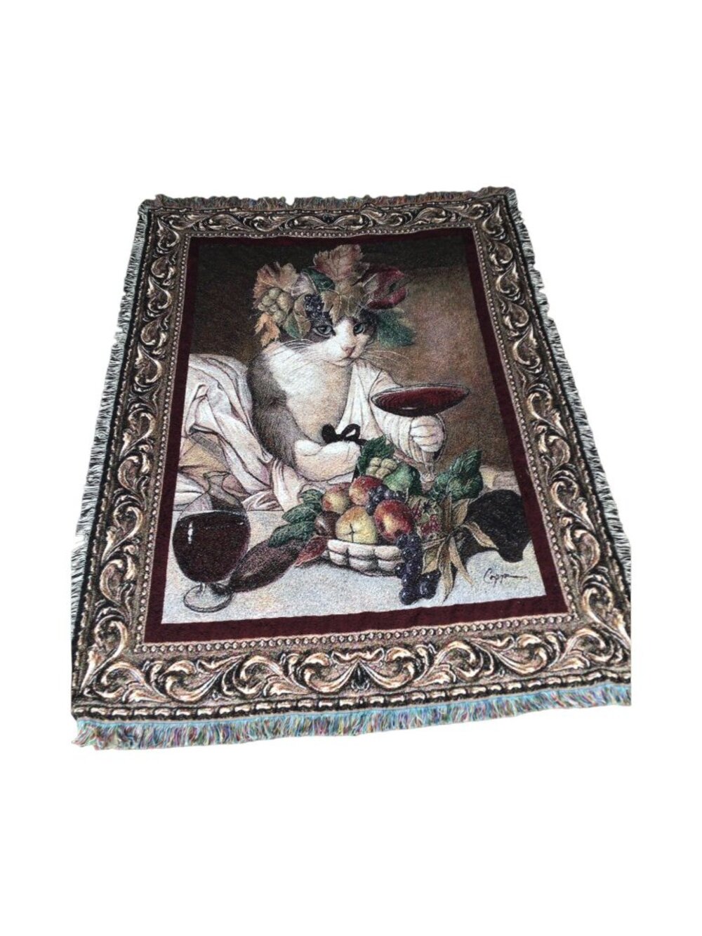 Weavers Pure Country Cat Wine Woven Blanket  approx 48 x 70 Fringed Edges